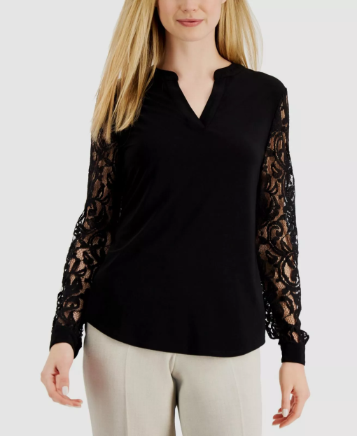 Kasper Women's V-Neck Lace-Sleeve Pleat-Front Blouse M - Image 2