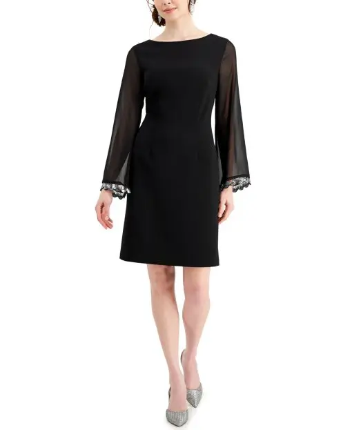 Connected Boat-Neck Sheer-Sleeve Sheath Black 10