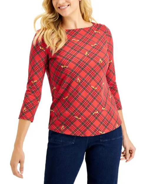 Charter Club RAVISHING RED Women's Fox Print Plaid Top US X-Small