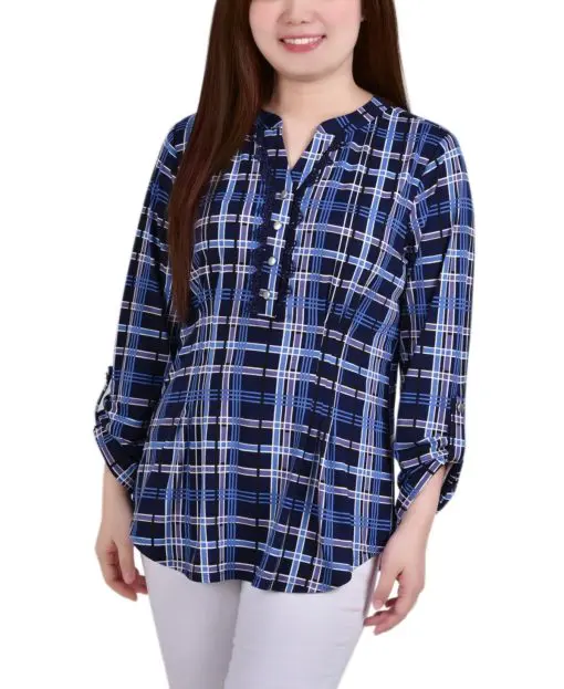 NY Collection Petite Plaid Y Neck Top Navy Plaid PS