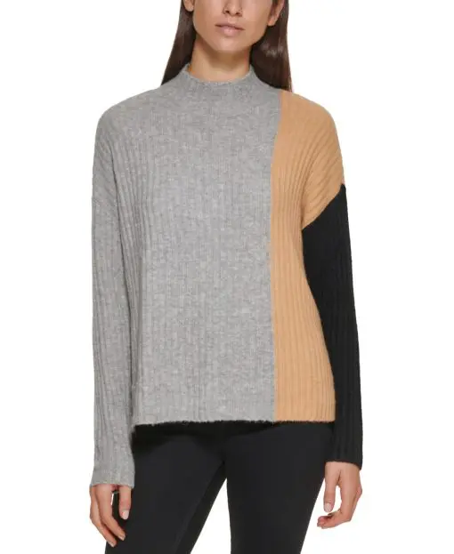 CALVIN KLEIN Women's Gray Stretch Ribbed Slitted Drop Shoulder Color Block Long Sleeve Mock Neck Sweater L