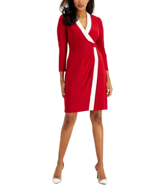 Kasper Colorblocked Faux-Wrap Sheath Crimsoncream M