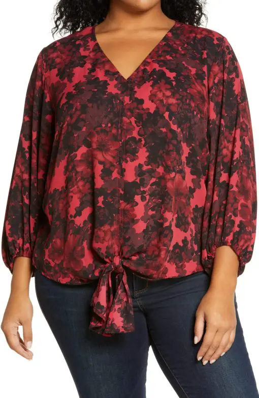 Vince Camuto Women's Floral Tie Front Top Red Size 1X