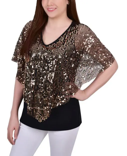 NY Collection Petite Sequin-Front Poncho Top Gold Discoball PL