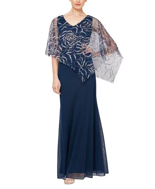 SL Fashions Cape-Overlay Evening Gown Navy 12