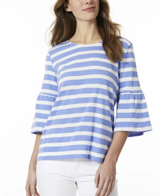 JONES NEW YORK Women's Blue Striped Bell Sleeve Crew Neck Top S