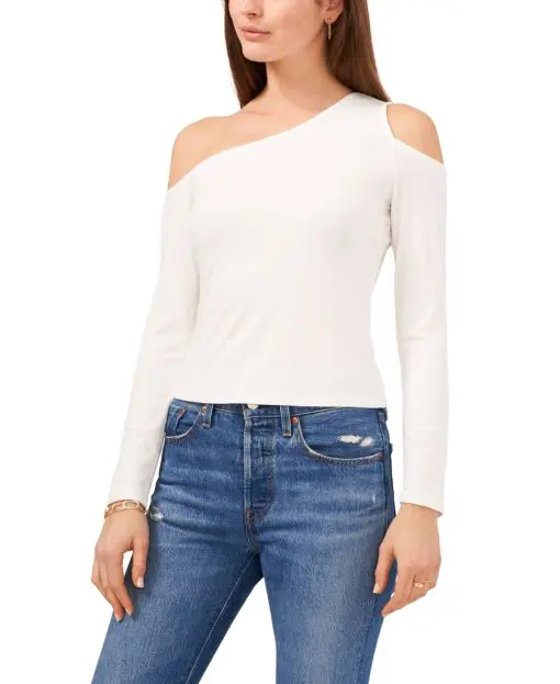 1.STATE Women's Ivory Ribbed Cold Shoulder Long Sleeve Asymmetrical Neckline Top XL