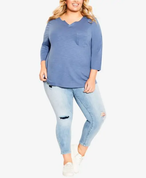 Plus Size Notch Neck 3/4 Sleeve Plain T-shirt - Slate 22/24