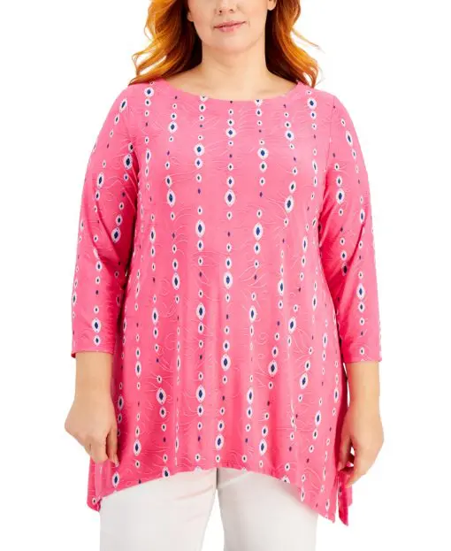 Jm Collection Plus Size Printed Jacquard Handkerchief-Hem Top 1X