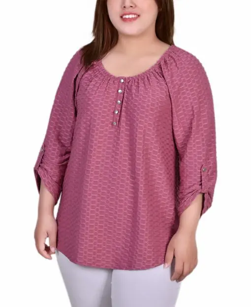 NY Collection Plus Size 34 Sleeve Honeycomb Mauve 2X