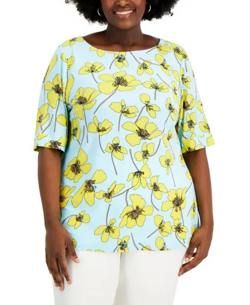 ANNE KLEIN Plus Women's Floral Bateau Pullover Top 1X