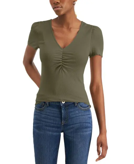 INC International Concepts Women Ribbed Ruched T-Shirt Green Size Large