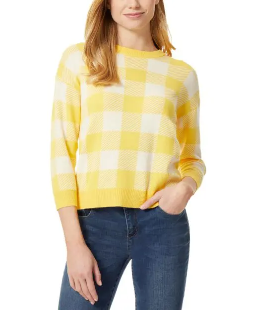 JONES Women's Gingham Jacquard Sweater with Three Quarter Sleeves - Sunflower and White XS