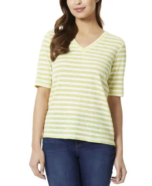 JONES NEW YORK Women's Green Unlined Pullover Semi-sheer Knit Striped Elbow Sleeve V-Neck Top XL