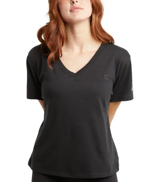 Champion Women's V Neck Short Sleeve T-Shirt, X-large, Black