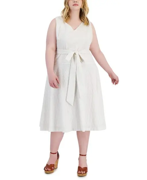 Taylor Plus Size Cotton Embroidered Tie-Waist Dress - Whte 22W