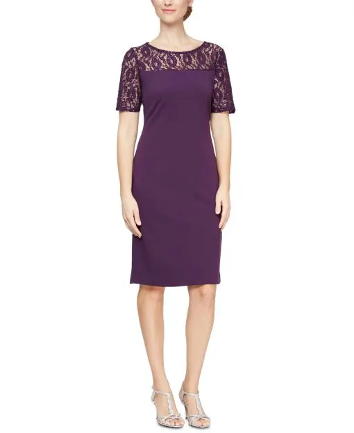 Sl Fashions Sequinned-Lace-Yoke Sheath Dress - Summer Plum 8