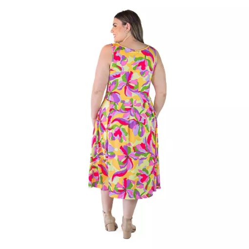 24seven Comfort Apparel Plus Size Printed MIDI Fit and Flare Pocket Dress - Yellow Multi 2X - Image 2