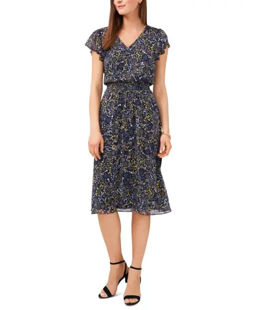 Msk Petite Printed Flutter-Sleeve MIDI Dress - Denim/Yellow PL