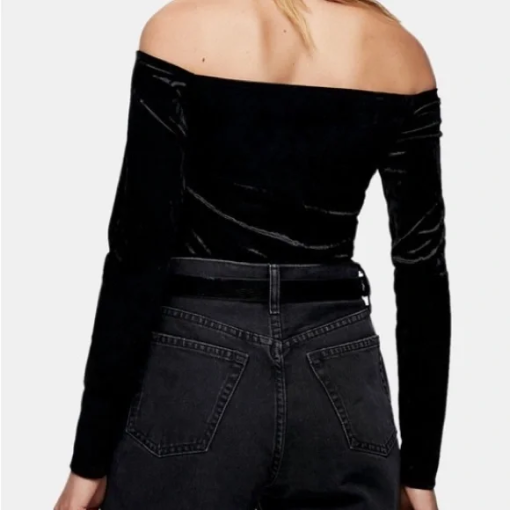 Topshop Black Crushed Velvet Bardot Top Off the Shoulder Size 8 - Image 2