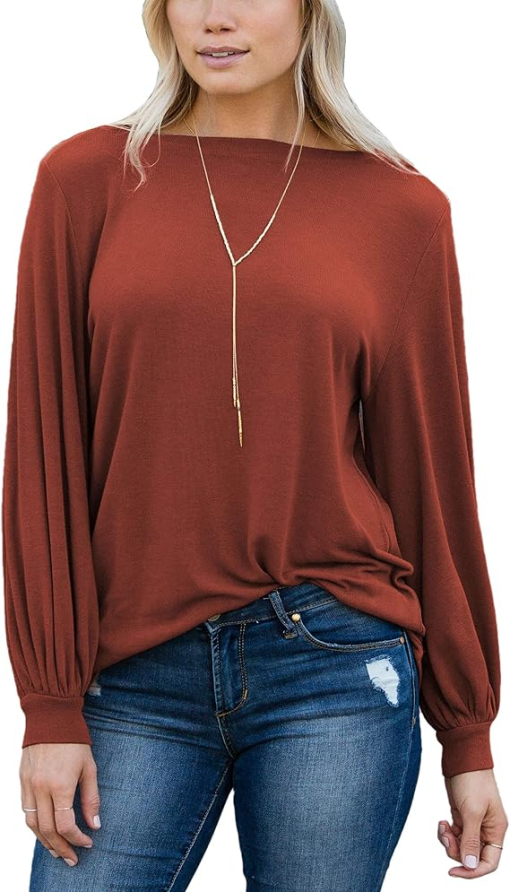 Amaryllis Apparel Women's Boatneck Long Blouson Sleeve Knit Blouse 2X - Image 2