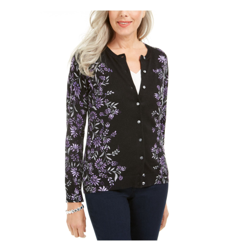 Karen Scott Floral-Print Button-up Cardigan, Purple Combo XS - Image 2