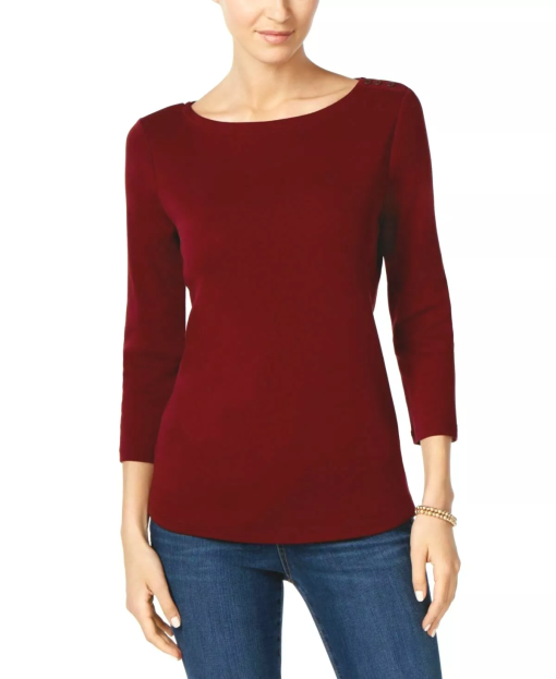 Charter Club Women S Pima Cotton Boat Neck Button Shoulder Top Red Size XX-Large - Image 2