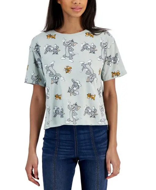 Warner Brothers Juniors' Cropped Tom & Jerry Print T-Shirt - Aqua Gray XS