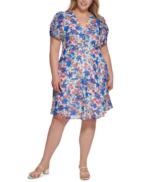 Calvin Klein Plus Size Printed Puff-Sleeve Atlantis Multi 16W