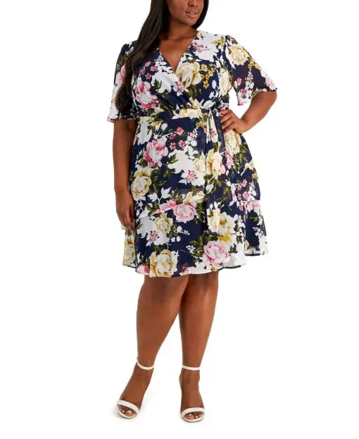 Connected Plus Size Tiered Chiffon Fit Navy Multi 18W