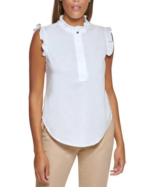 DKNY Womens Ruffled Blouse Linen White M