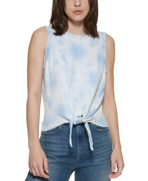 DKNY JEANS Women's Light Blue Ribbed Tie Front Pullover Tie Dye Sleeveless Crew Neck Tank Top XL