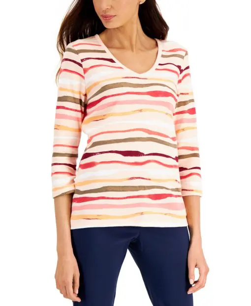 Karen Scott Sasha Striped Top, - Peony Coral XL