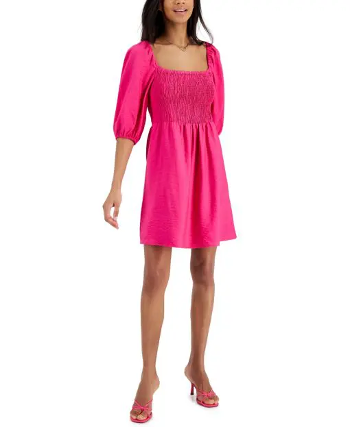 BAR III DRESSES Womens Pink Smocked Textured Lined Elastic Cuffs Pouf Sleeve Square Neck Above the Knee Fit + Flare Dress L