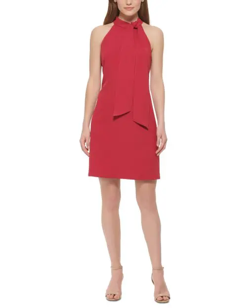 VINCE CAMUTO Women's Red Zippered Textured Tie Detail Lined Sleeveless Mock Neck Above the Knee Wear to Work Shift Dress Petites 2P