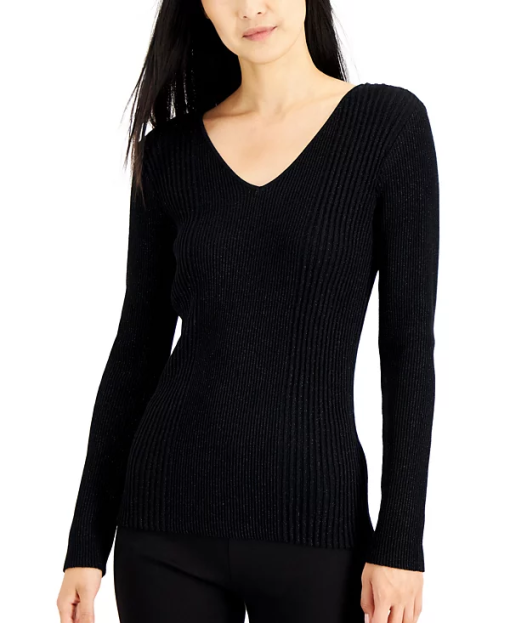 Womens Ribbed Metallic V-Neck Sweater Small - Image 2