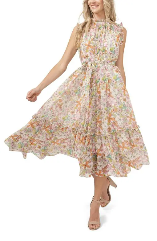 CeCe Floral Printed Belted Midi Dre Sweet Pink XL