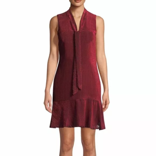 Karl Lagerfeld pindot velvet burnout sleeveless shift dress with bow at neck and ruffle flounce hem 0 - Image 2