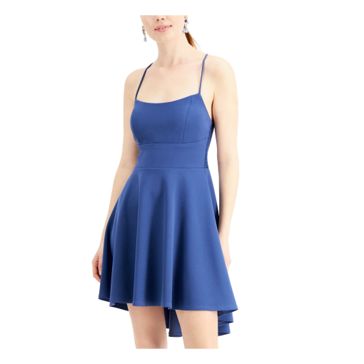 Womens Blue Lace Zippered Hi-lo Spaghetti Strap Scoop Neck Mini Party Fit + Flare Dress Juniors - Image 2