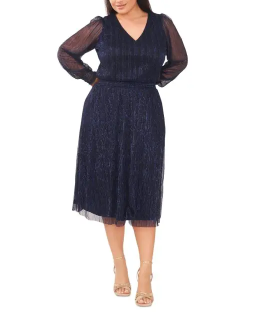 MSK Plus Size Lurex Smocked Midi D Navy 1X