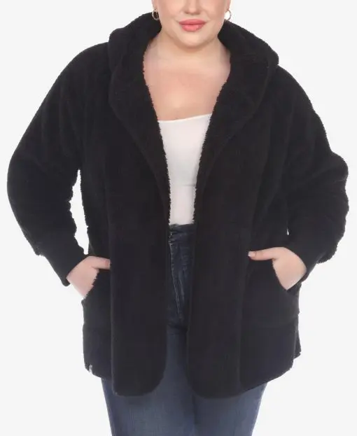 White Mark PS Plush Hooded Cardigan with Pockets - Black - 1X/2X