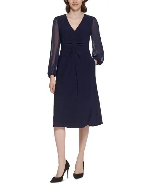 Jessica Howard Petite Chiffon-Sleeve Midi Dre Navy 12P