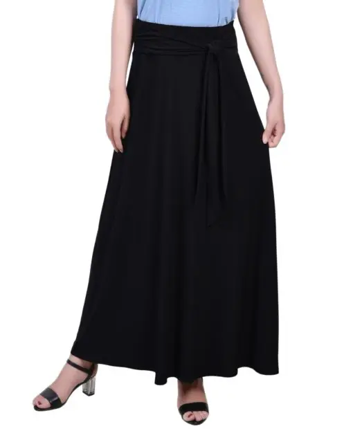 Ny Collection Petite Solid Maxi Skirt with Sash Waist Tie - Black PXL