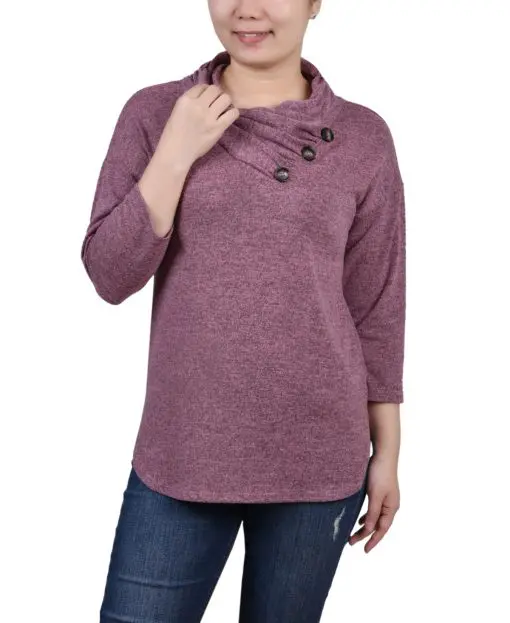 Ny Collection Petite 3/4 Sleeve Crossover Cowl Neck Top - Mauve PXL