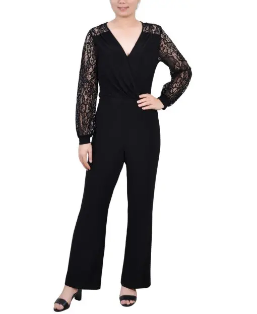 NY Collection Women's Petites Surplice Lace Trim Jumpsuit PM