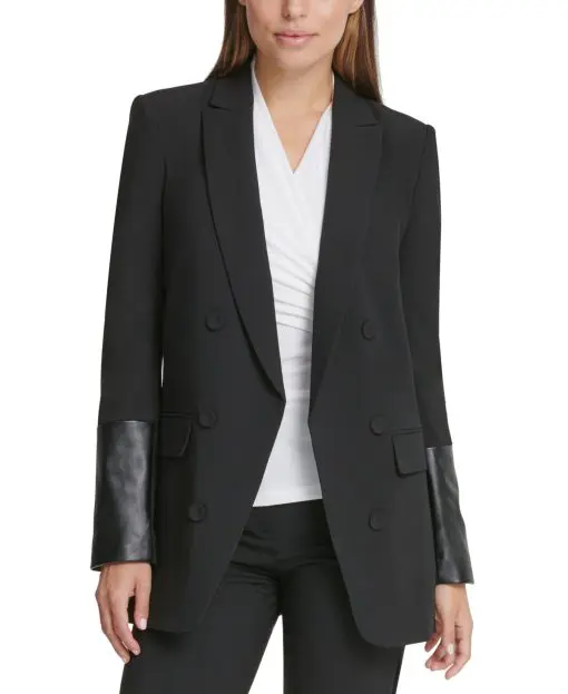 Dkny Petite Mixed-Media-Sleeve Open-Front Peak-Collar Blazer - Black 6P