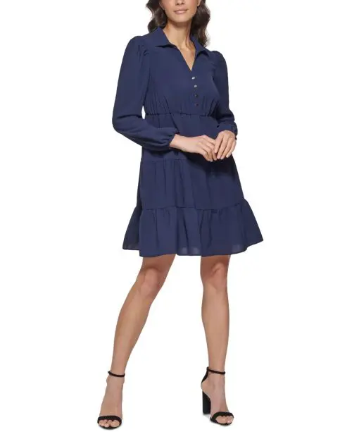 kensie Collared Tiered Shift Dress Navy 16