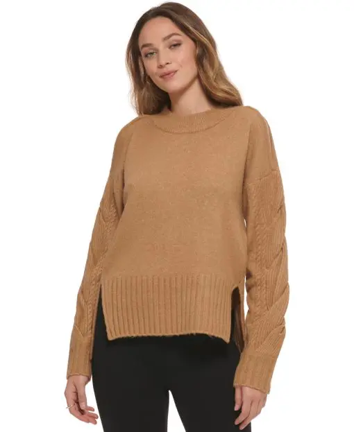 DKNY Women's Cold Shoulder High Low Sweater - Fawn - Size L