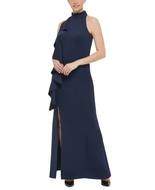 Jessica Howard Womens Ruffled Mock-Neck Gown Navy 12