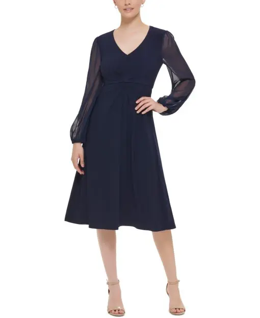 Jessica Howard Womens Chiffon-Sleeve Midi Dr Navy 10